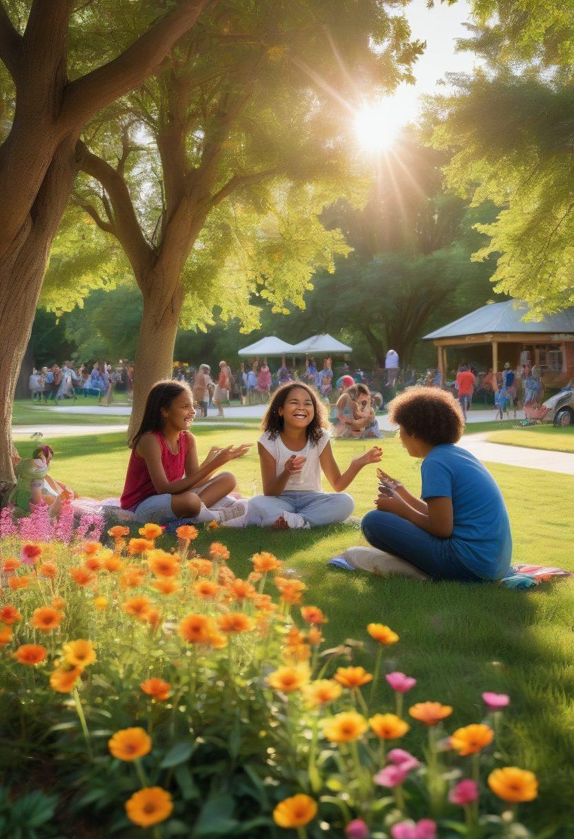 A vibrant community park scene filled with people of diverse backgrounds joyfully engaging in various activities, such as playing games, sharing food, and collaborating on a community art project. In the foreground, a group of children laughing and playing together, surrounded by colorful flowers and green trees, with a warm sun setting in the background. The atmosphere radiates joy, unity, and community spirit. super-realistic. vibrant colors. warm lighting.