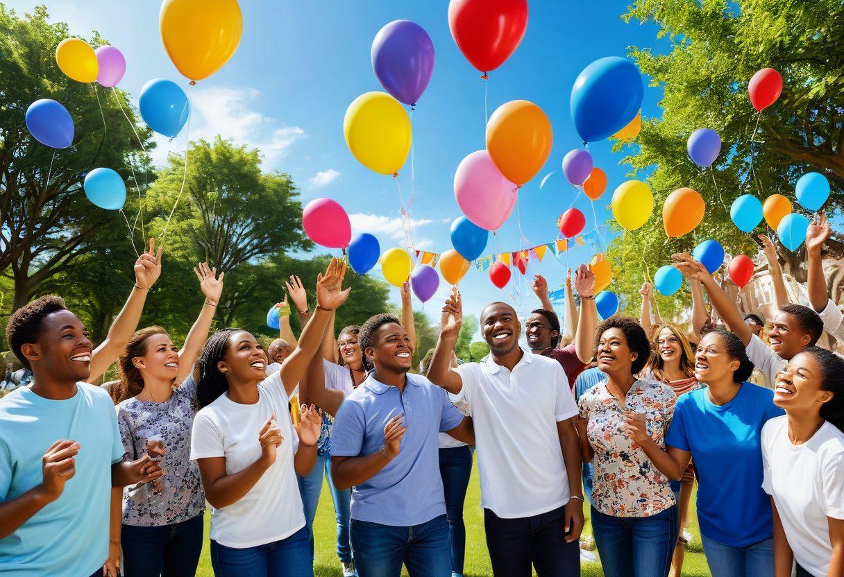 A vibrant community scene depicting diverse people coming together, smiling and collaborating on various projects, surrounded by symbols of sponsorship like logos and partnership hands. The background shows a colorful park with decorative banners and balloons, radiating joy and unity. Emphasize a warm, inviting atmosphere with a bright blue sky and sunshine. super-realistic. vibrant colors. 3D.