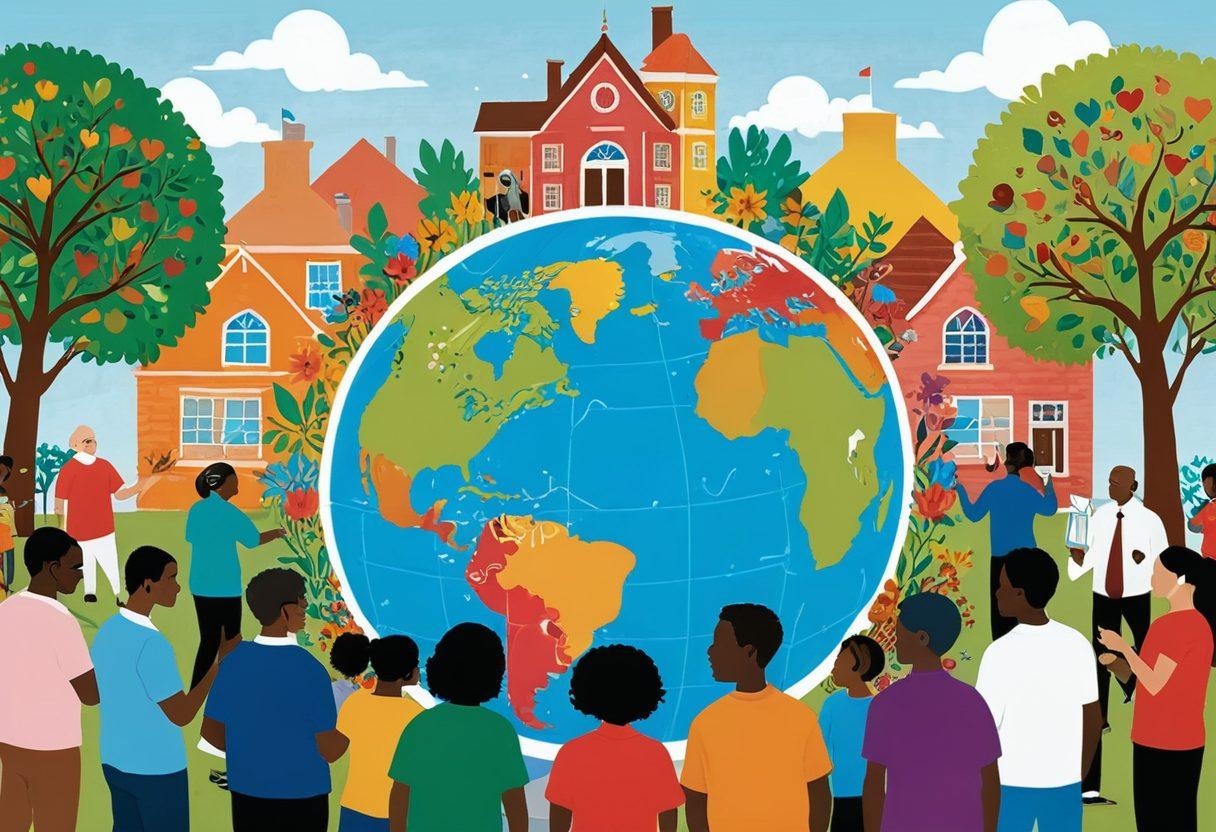 A diverse group of individuals collaborating around a large globe, symbolizing global philanthropy. They are engaged in discussion, with visual elements like charts and heart icons representing impactful partnerships. Behind them, a lush community garden and a school building reflect lasting change. The scene is bright and optimistic, conveying hope and community spirit. vibrant colors. super-realistic.